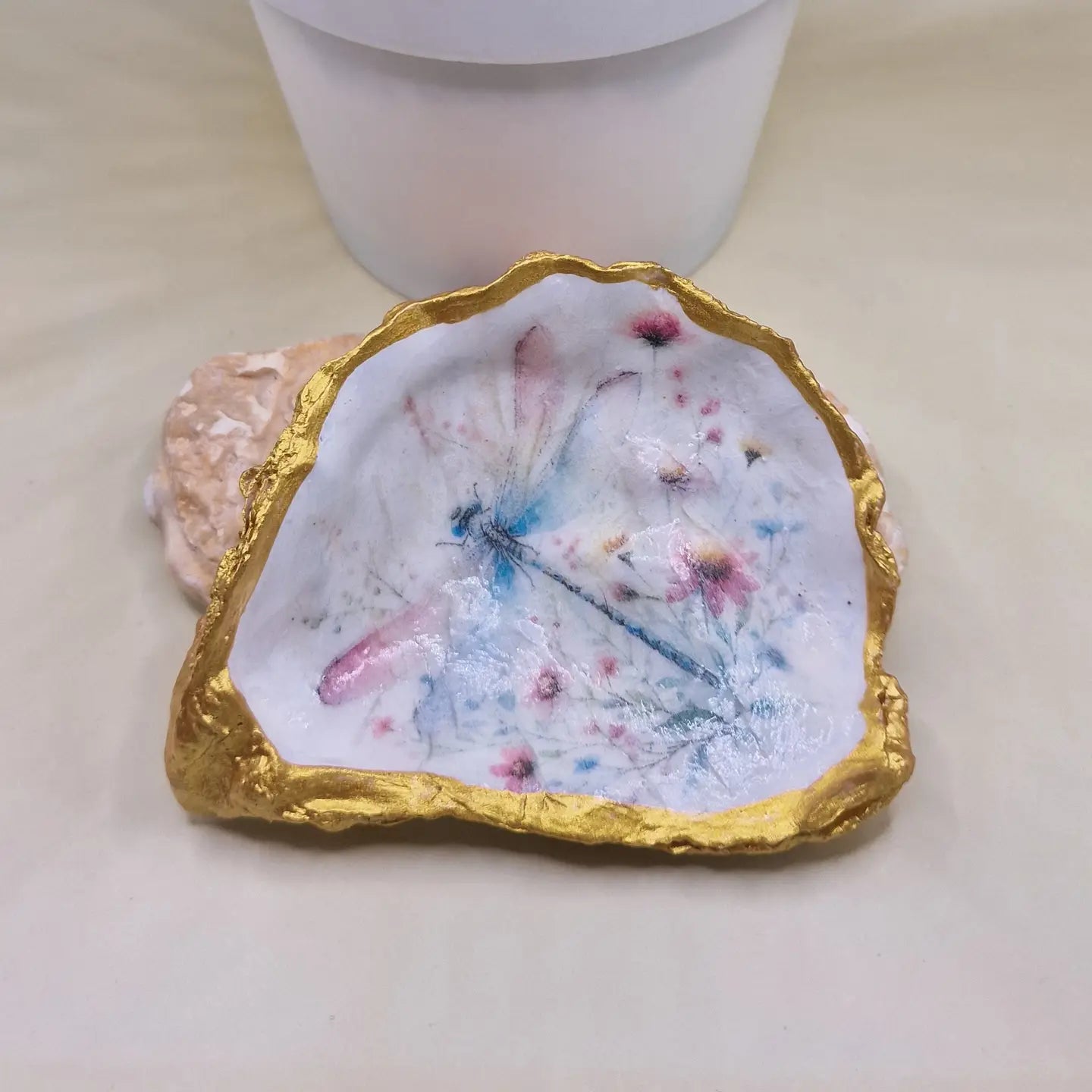 🩷🩵 Dragonfly Pink and Blue Oyster Shell Trinket Dish