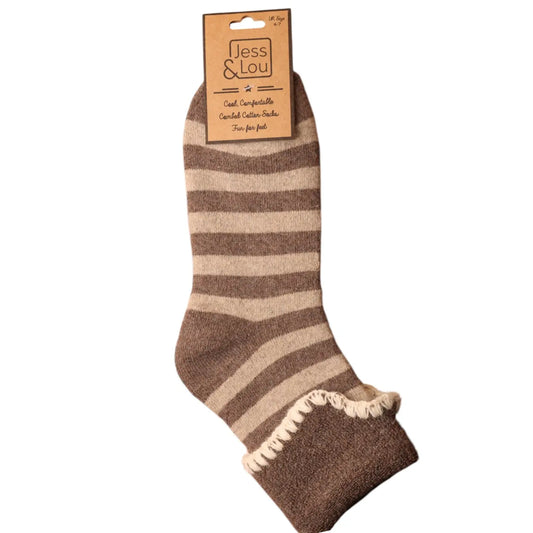 Cappuccino and Oatmeal Stripe Cosy Socks in a Cuff Top