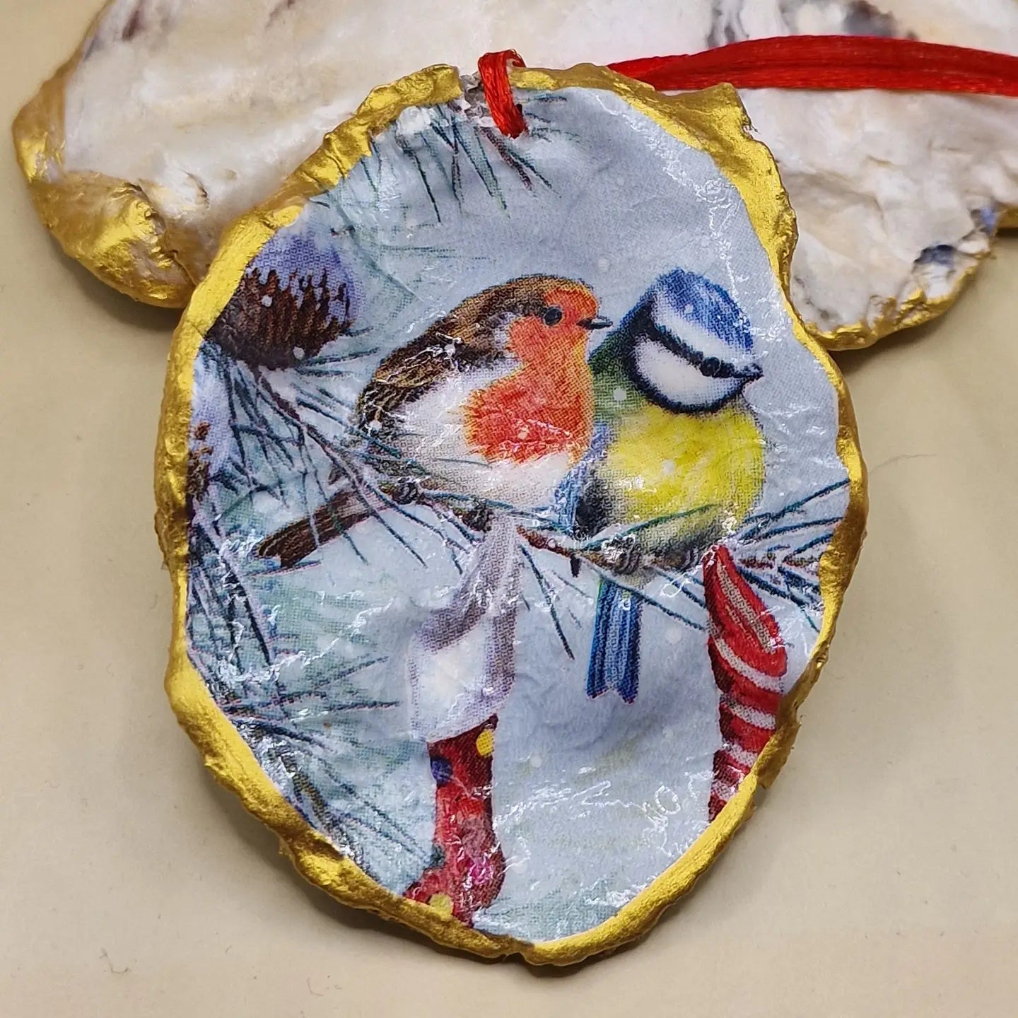 🐦🎄 Robin and Blue Tit Christmas Stocking Oyster Shell Decoration