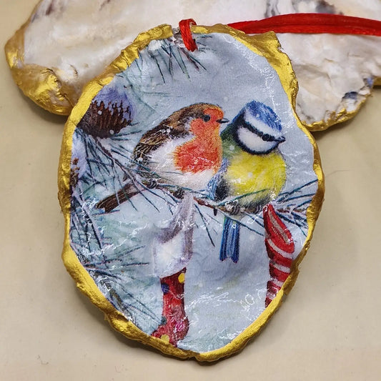 🐦🎄 Robin and Blue Tit Christmas Stocking Oyster Shell Decoration