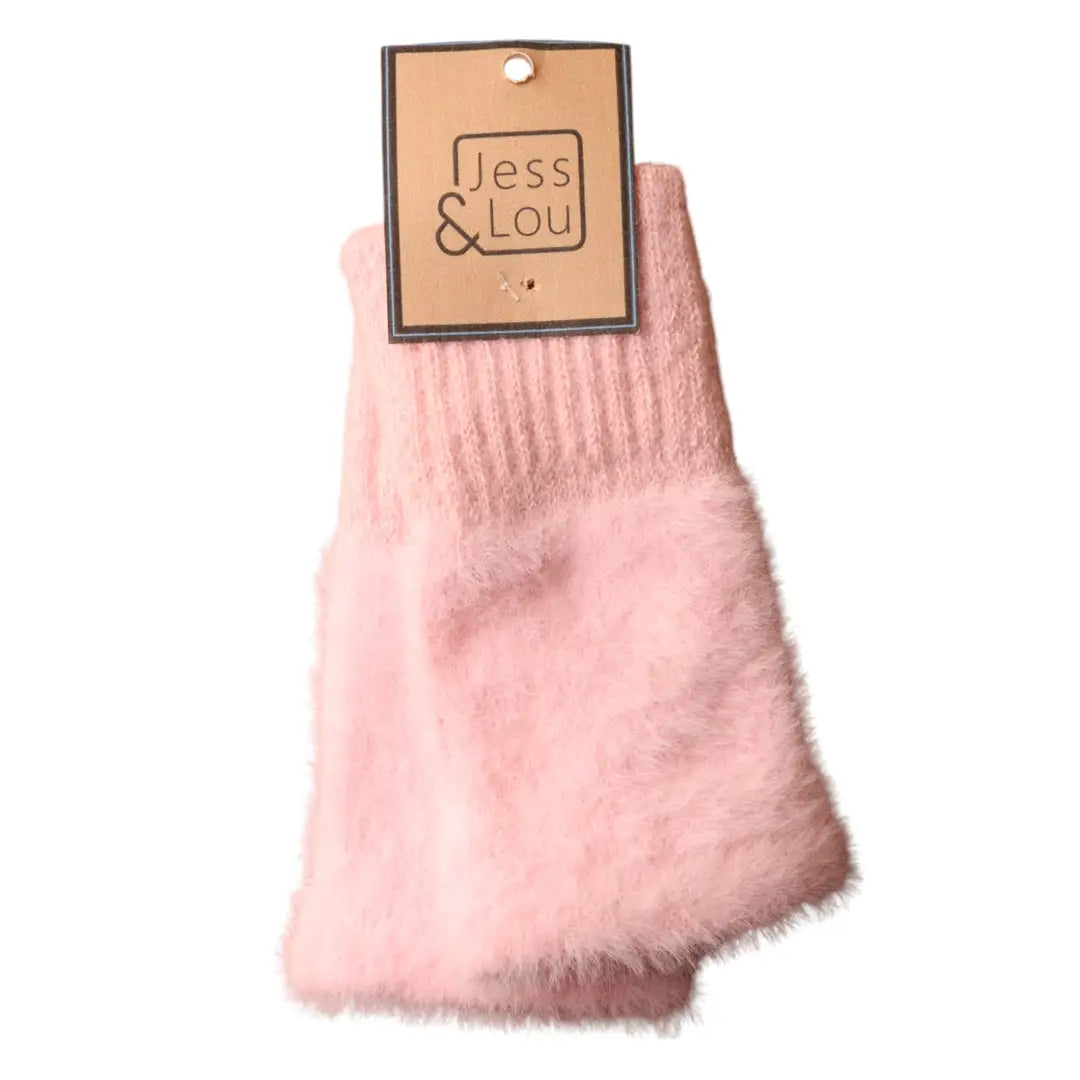 Pink Fluffy Knit Fingerless Gloves