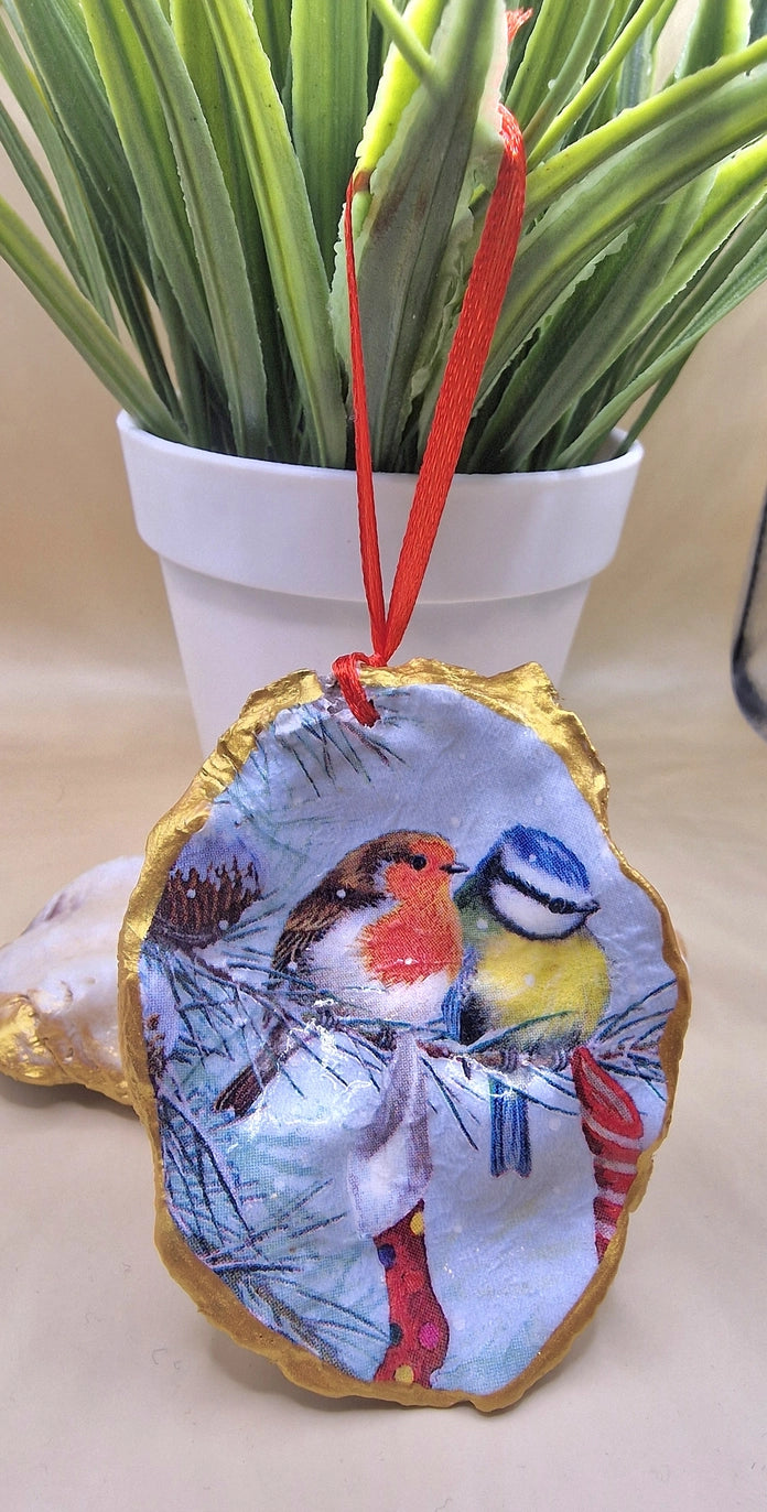 🐦🎄 Robin and Blue Tit Christmas Stocking Oyster Shell Decoration